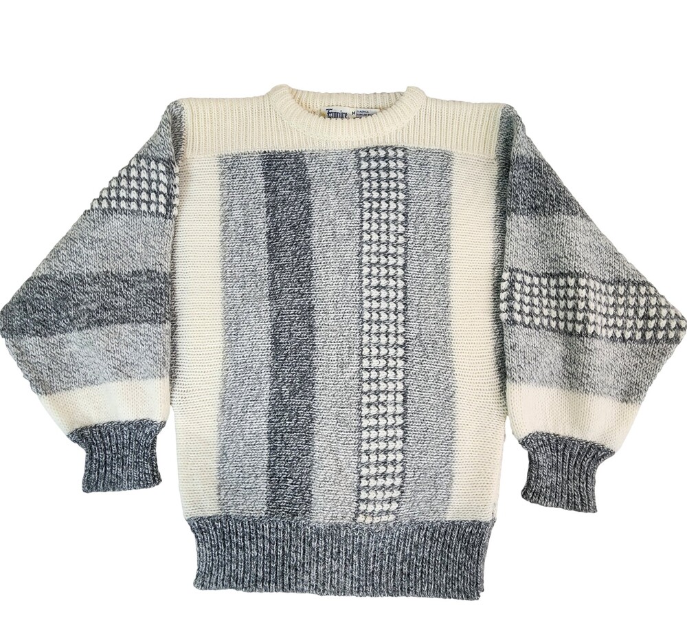 Empire Womens Pullover Sweater Medium Cream & Gray Striped Textured Knit #1892